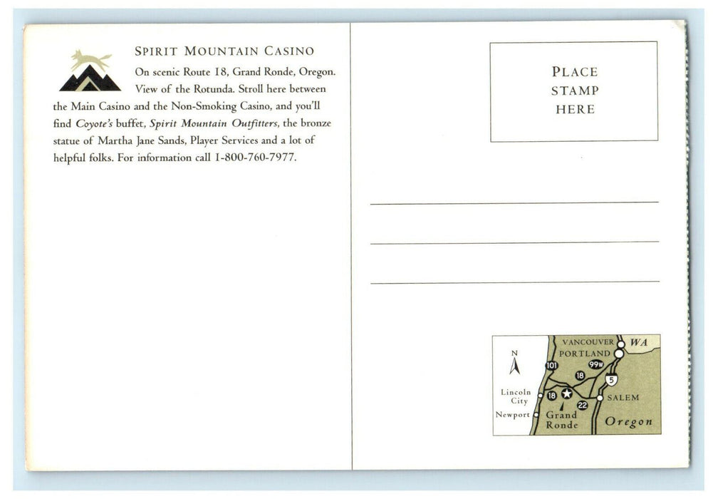 Bronze Statue of Martha Jane Sands Spirit Mountain Casino Oregon OR Postcard