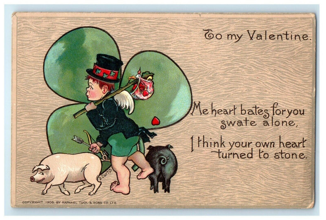 1908 Valentine Giant Shamrock Cherub Angel Hat Hearts And Pigs Tuck's Postcard