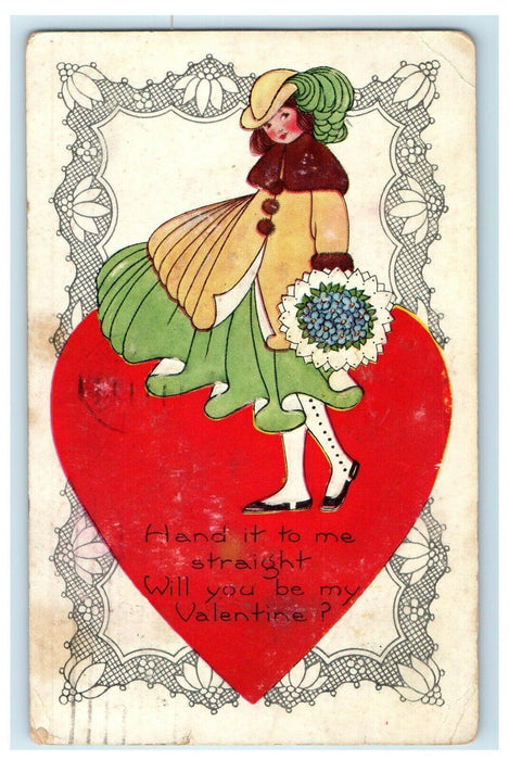 1922 Valentine Giant Heart Girl Winter Dress Pansies Flowers Embossed Postcard