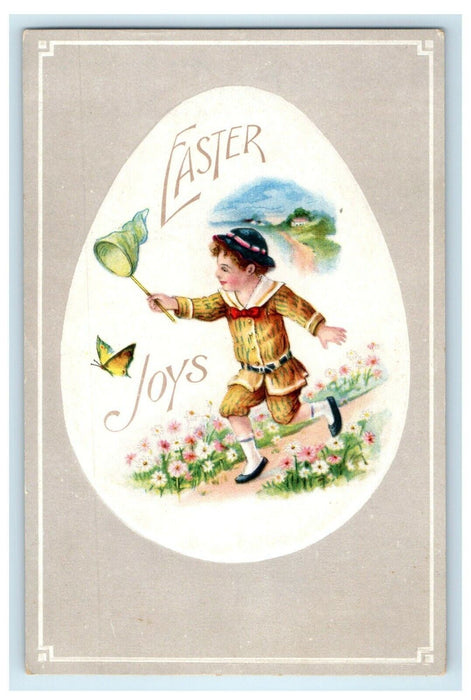 c1910's Easter Joys Boy Bow Tie Catching Butterfly Flowers Antique Postcard