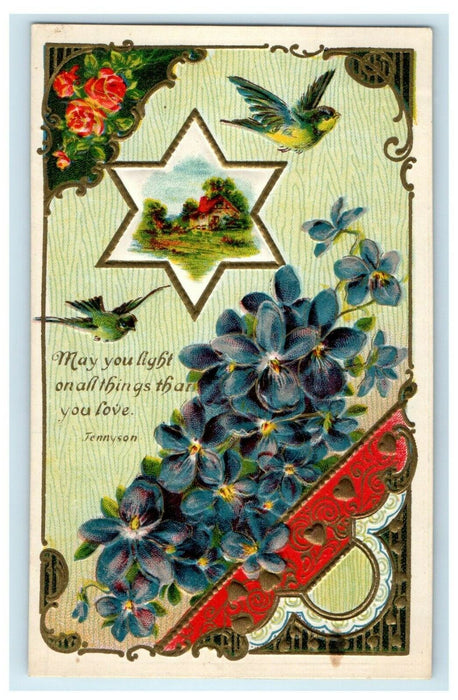 1912 Valentine Flying Birds Pansies Flowers Cottage Star Shape Embossed Postcard