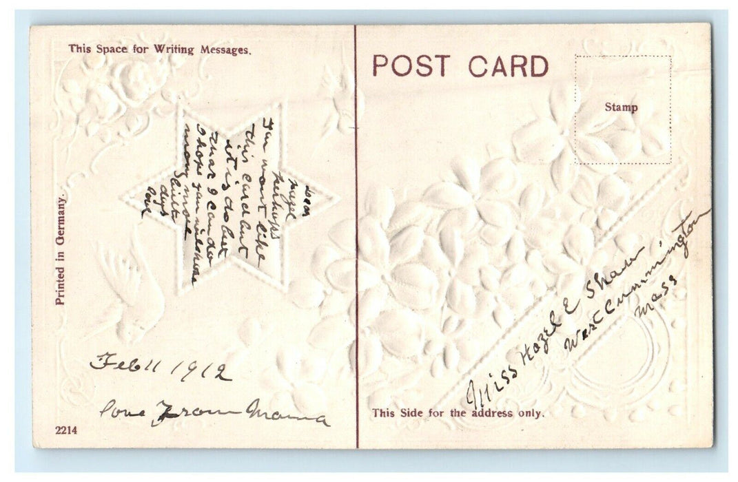 1912 Valentine Flying Birds Pansies Flowers Cottage Star Shape Embossed Postcard