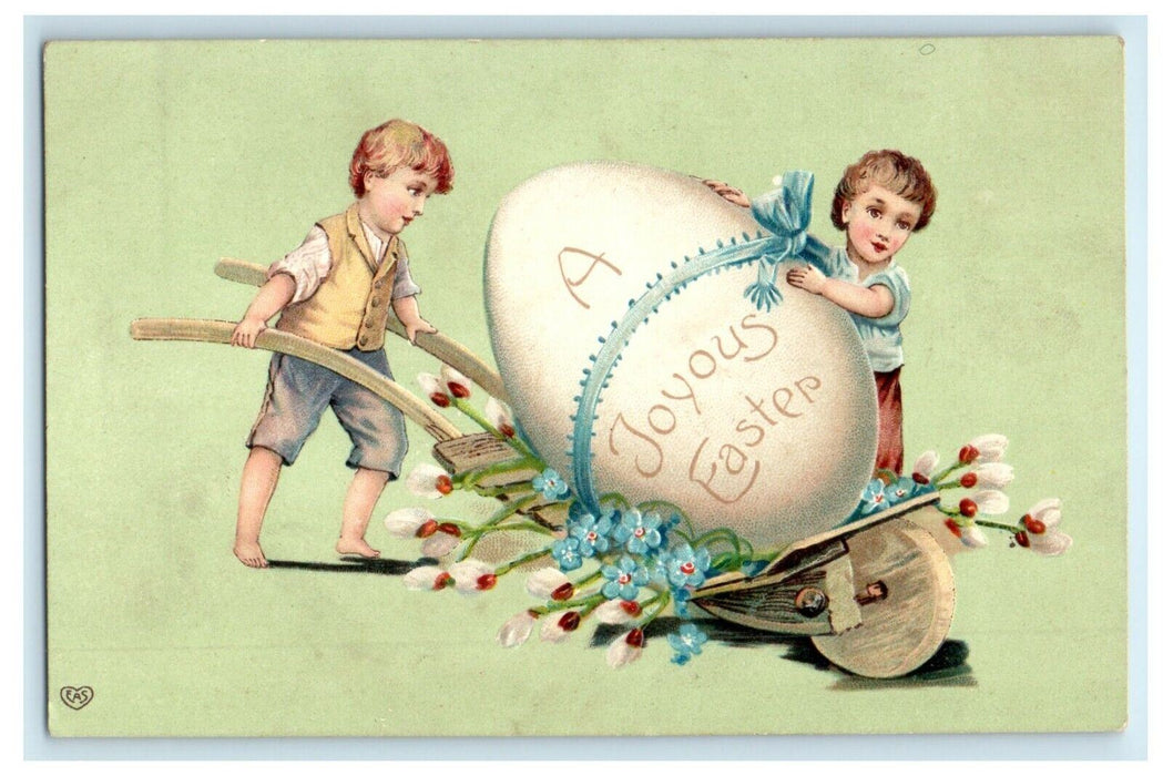 c1910's A Joyous Easter Girl Boy Pushing Giant Egg Flowers Embossed Postcard