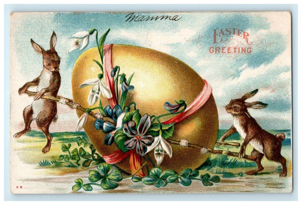 c1910's Easter Greetings Rabbits Giant Egg Flowers Embossed Antique Postcard