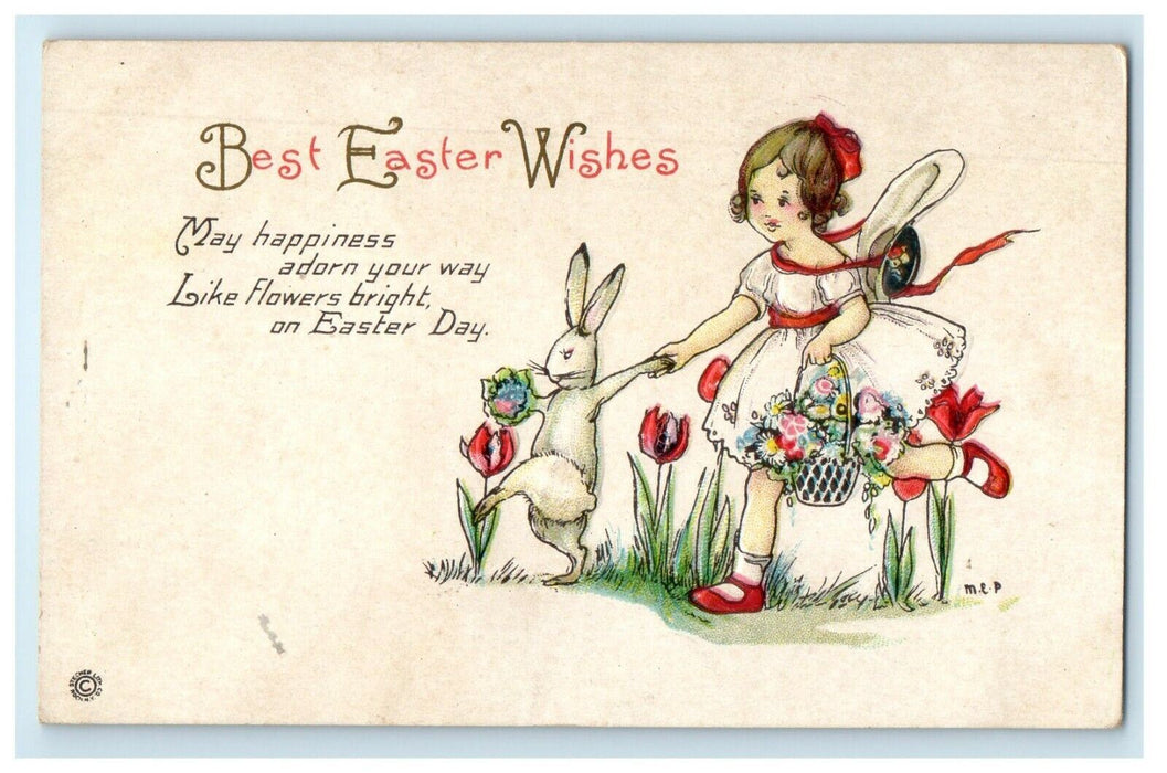 c1910's Greetings Easter Wishes Girl And Rabbit Flowers Basket Embossed Postcard