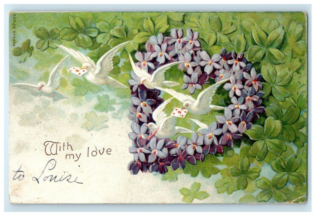 1907 Valentine Dove Birds Sending Cards Pansies Flowers And Shamrock Postcard