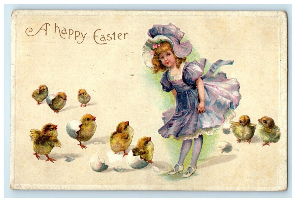 1909 Greetings Easter Clapsaddle (?) Girl Dress Hatched Eggs Chicks Postcard