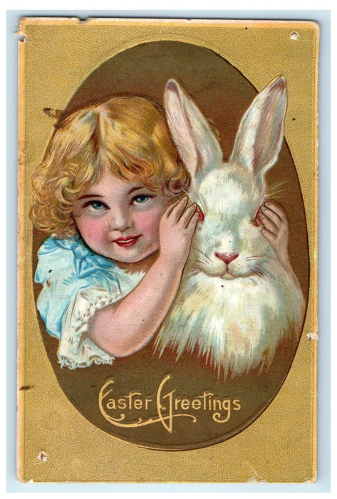 1910 Easter Greetings Little Girl And Rabbit Giant Egg Gold Winsch Back Postcard