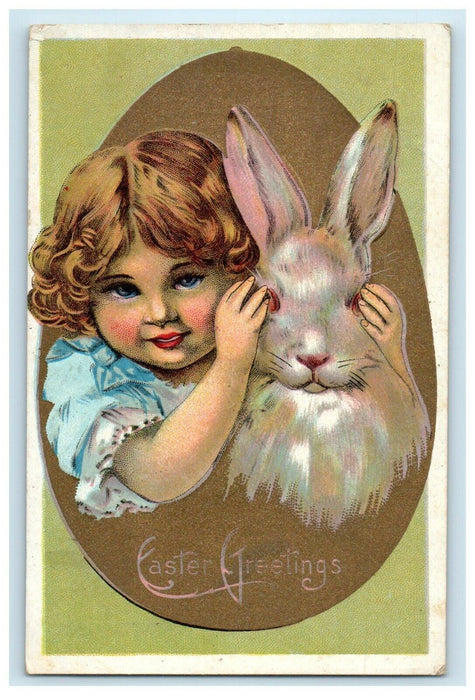 c1910 Easter Greetings Little Girl And Rabbit In Giant Egg Antique Postcard