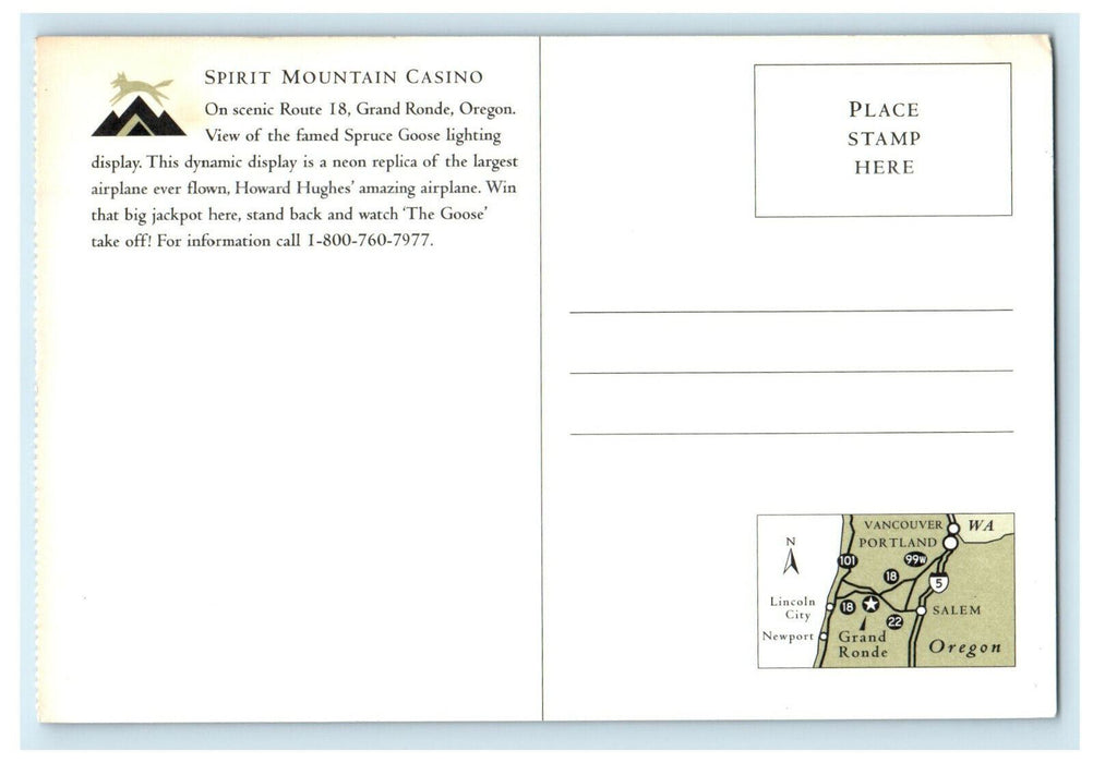 Spirit Mountain Casino Grand Ronde Oregon OR, Neon Replica Airplane Postcard