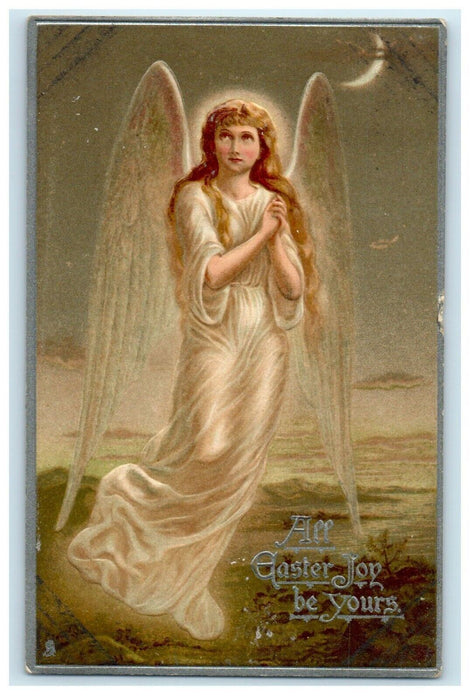 c1910's Greetings Easter Joy Cherub Angel Floating Crescent Moon Tuck's Postcard