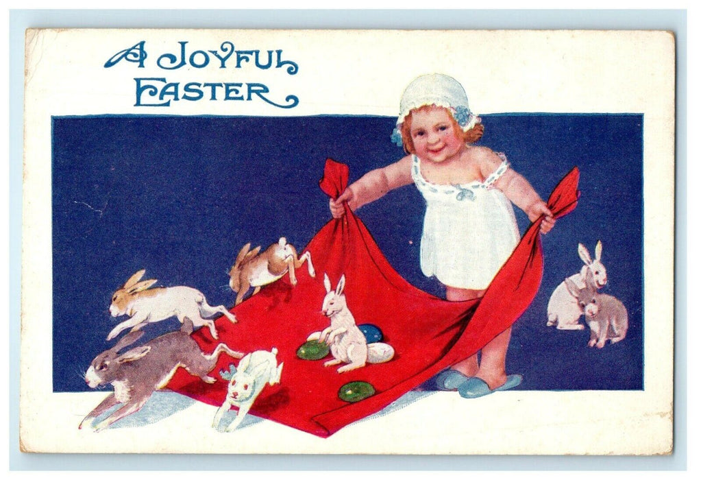 c1910's Easter Greetings Little Girl And Rabbits Eggs Playing Blanket Postcard