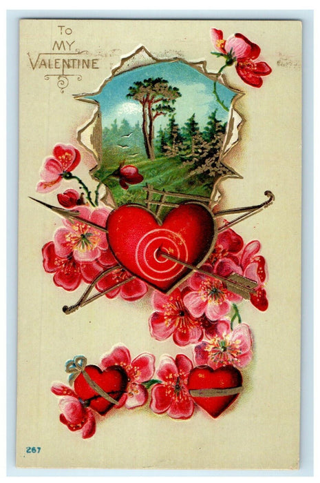 c1910's Valentine Arrow Hearts Pink Pansies Flowers Birds Tree Embossed Postcard