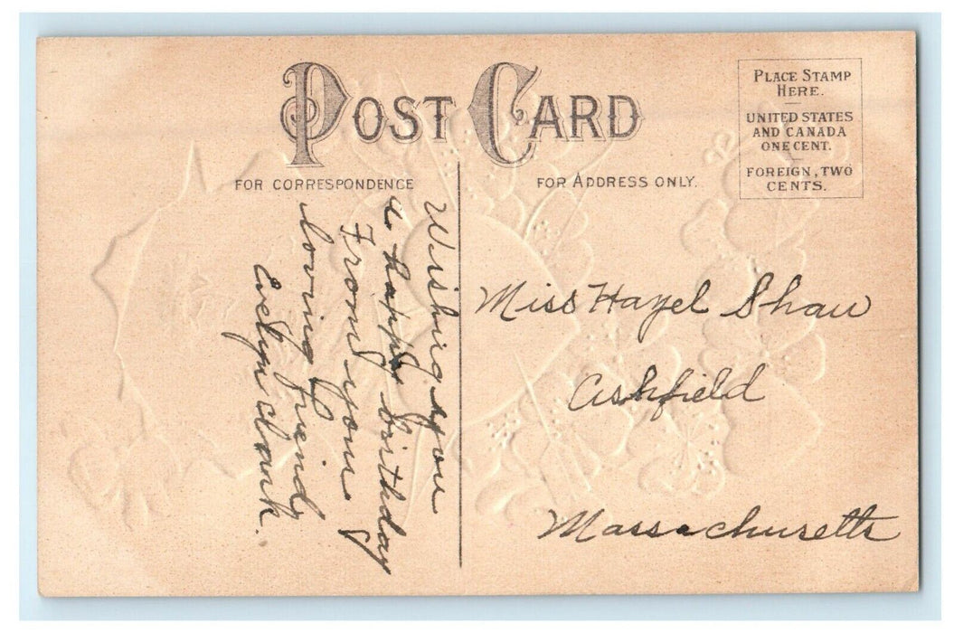c1910's Valentine Arrow Hearts Pink Pansies Flowers Birds Tree Embossed Postcard