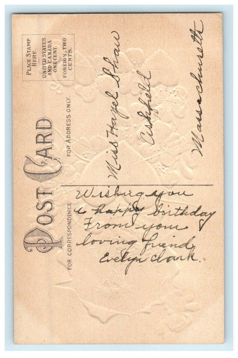 c1910's Valentine Arrow Hearts Pink Pansies Flowers Birds Tree Embossed Postcard