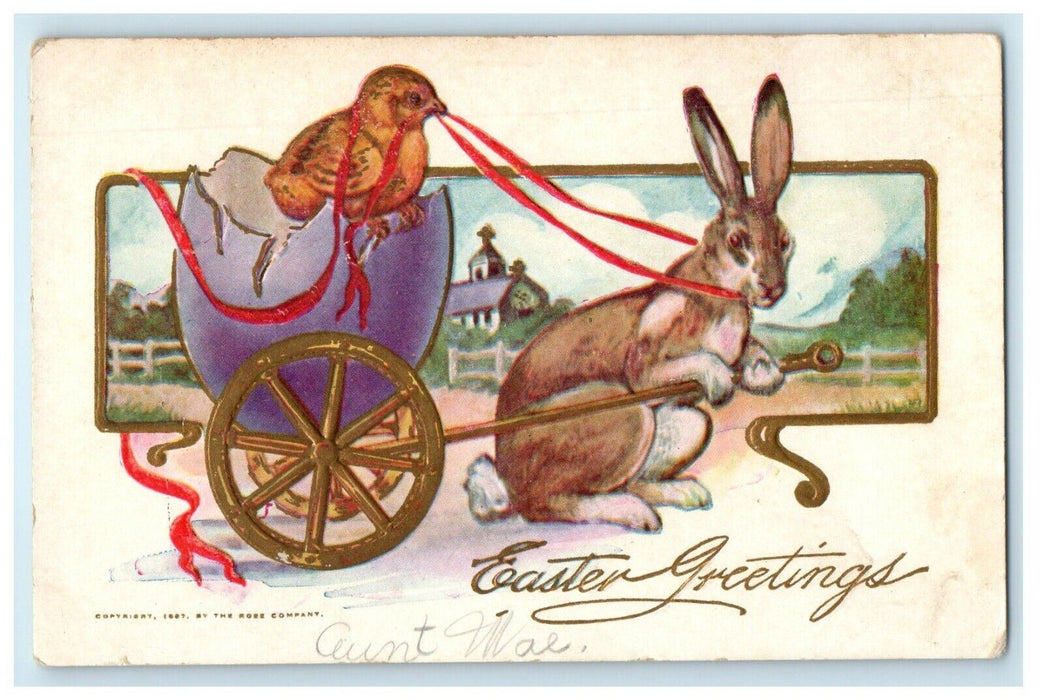 c1910's Easter Greeting Rabbit Pulling Giant Hatched Egg Chick Embossed Postcard