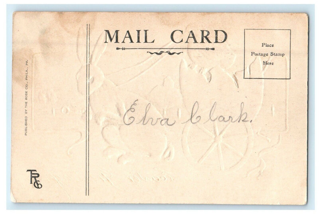 c1910's Easter Greeting Rabbit Pulling Giant Hatched Egg Chick Embossed Postcard