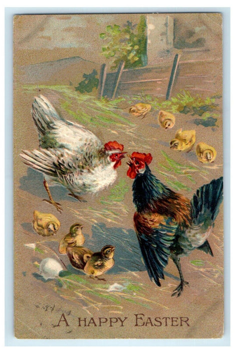 1911 Greetings A Happy Easter Rooster Hen Chicks Egg Embossed Antique Postcard