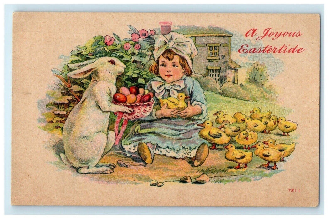 1912 A Joyous Eastertide Girl And Rabbit Eggs Basket Chicks Winsch Back Postcard
