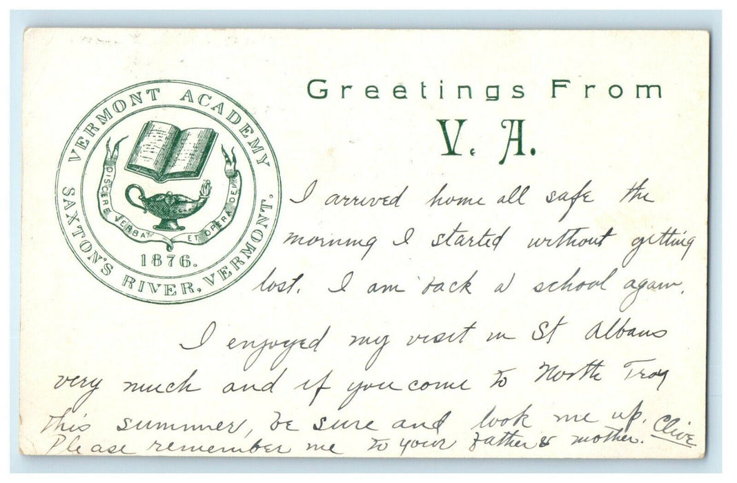 1908 Greetings From Vermont Academy Saxtons River VT Private Mailing Postcard