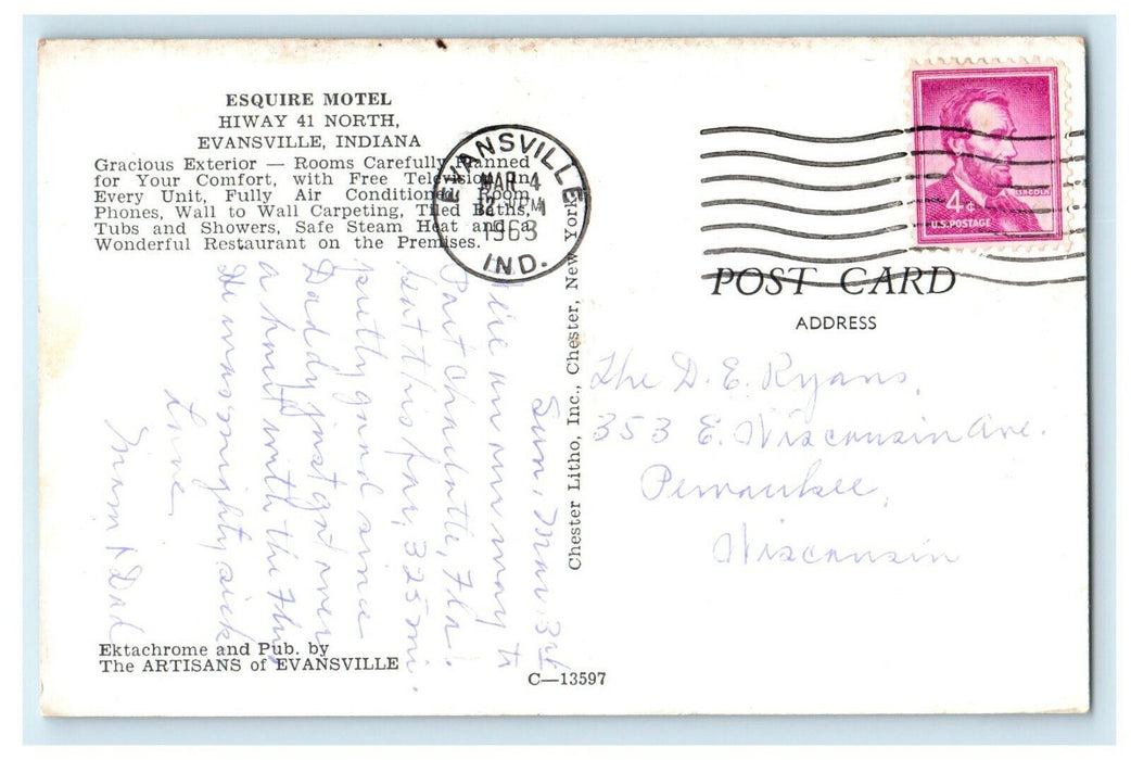 1963 Esquire Motel, Hiway 41 North, Evansville Indiana IN Posted Postcard