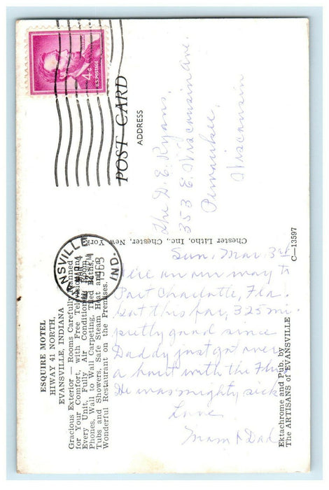 1963 Esquire Motel, Hiway 41 North, Evansville Indiana IN Posted Postcard