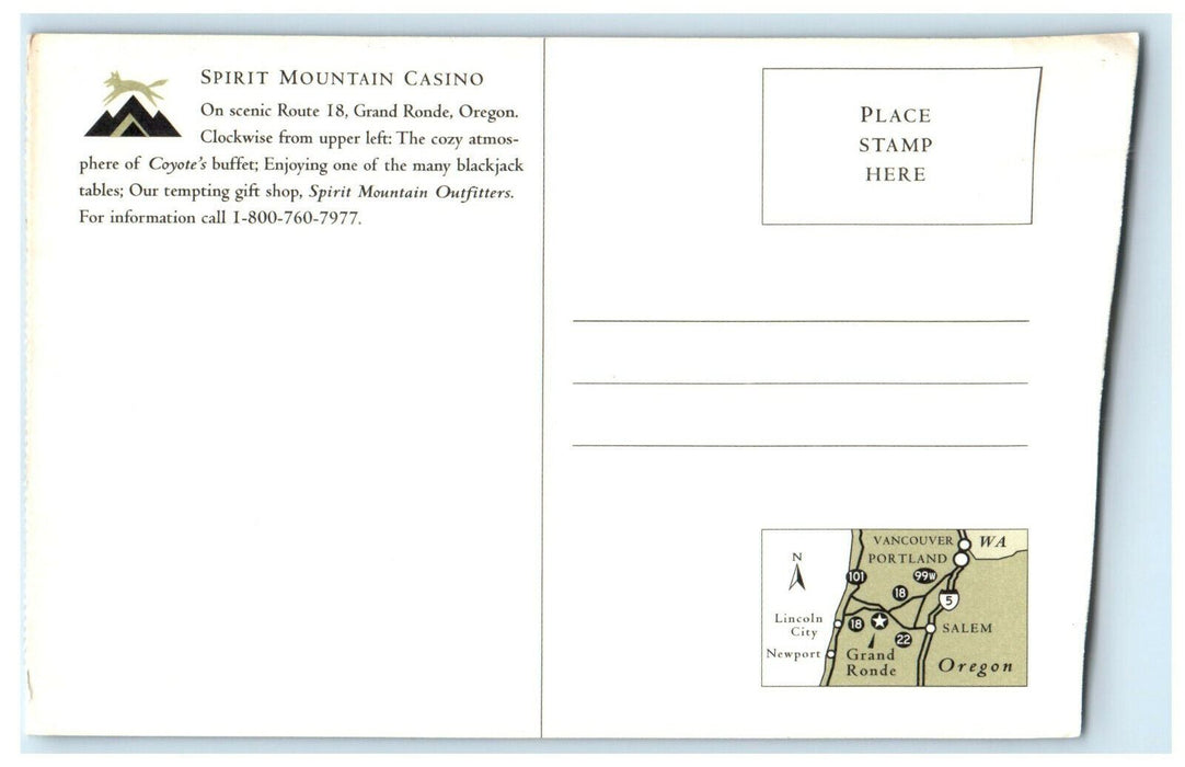 Coyote's Buffet and Blackjack Table Spirit Mountain Casino Oregon OR Postcard