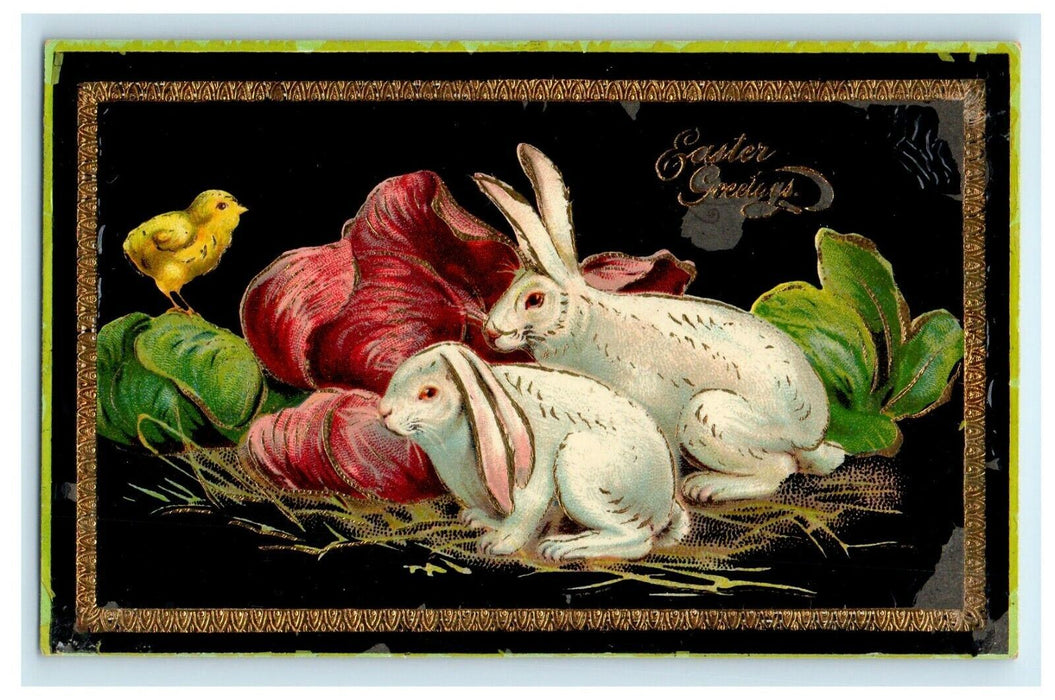 c1910's Easter Greetings Rabbits And Chick Gold Gilt Gel Flower Germany Postcard