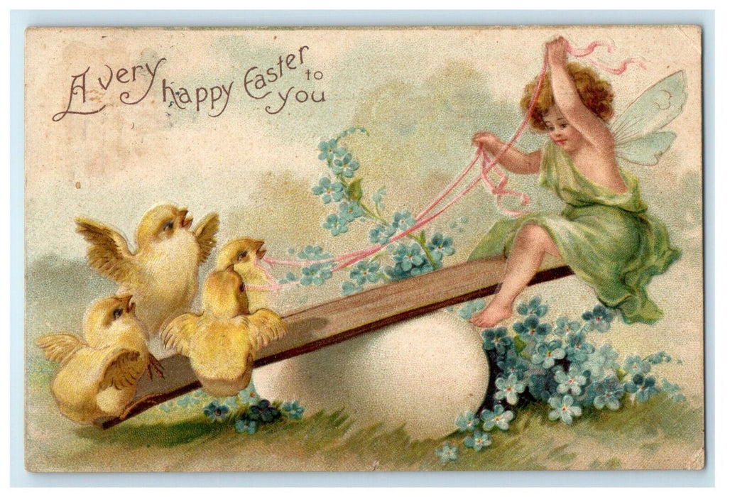 1908 Greetings Easter Cherub & Chicks Playing Seesaw Giant Egg Pansies Postcard