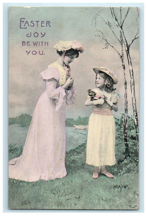 c1910's Greetings Easter Joy Mother And Child Basket Egg Chicks Antique Postcard