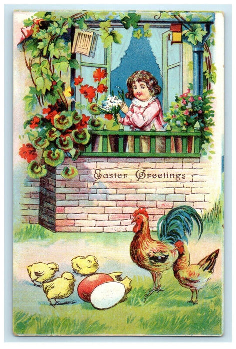 c1910's Easter Greetings Girl Watching Rooster Chicken Chicks Eggs Postcard