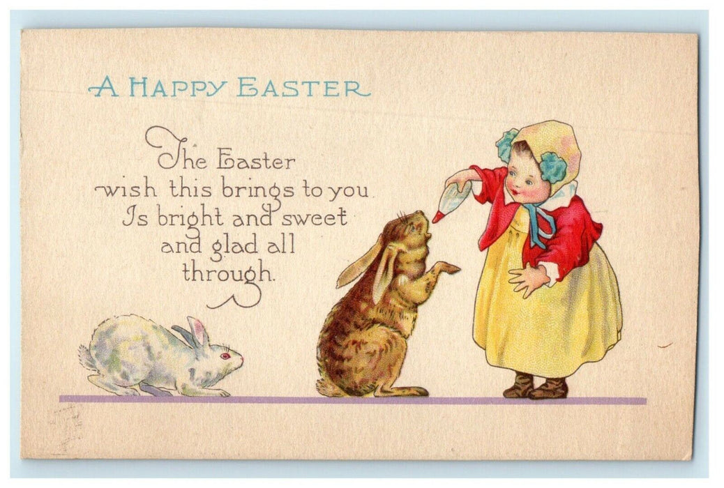 c1910's Greetings A Happy Easter Little Girl Feeds Rabbit Antique Postcard