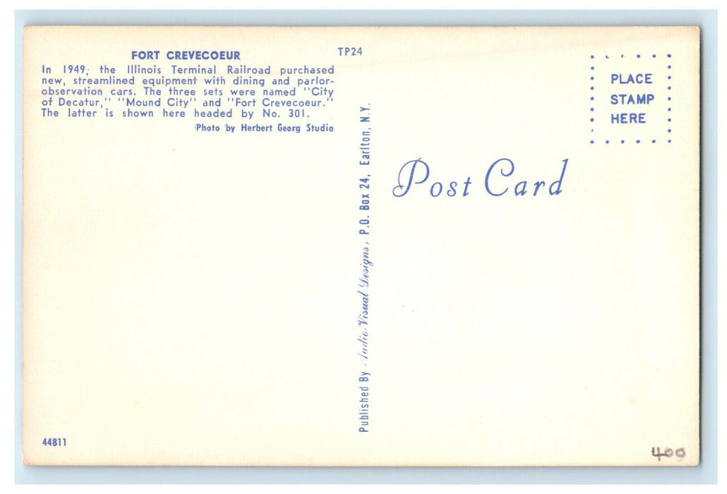1949 Illinois Terminal Railroad Fort Crevecoeur Unposted Postcard