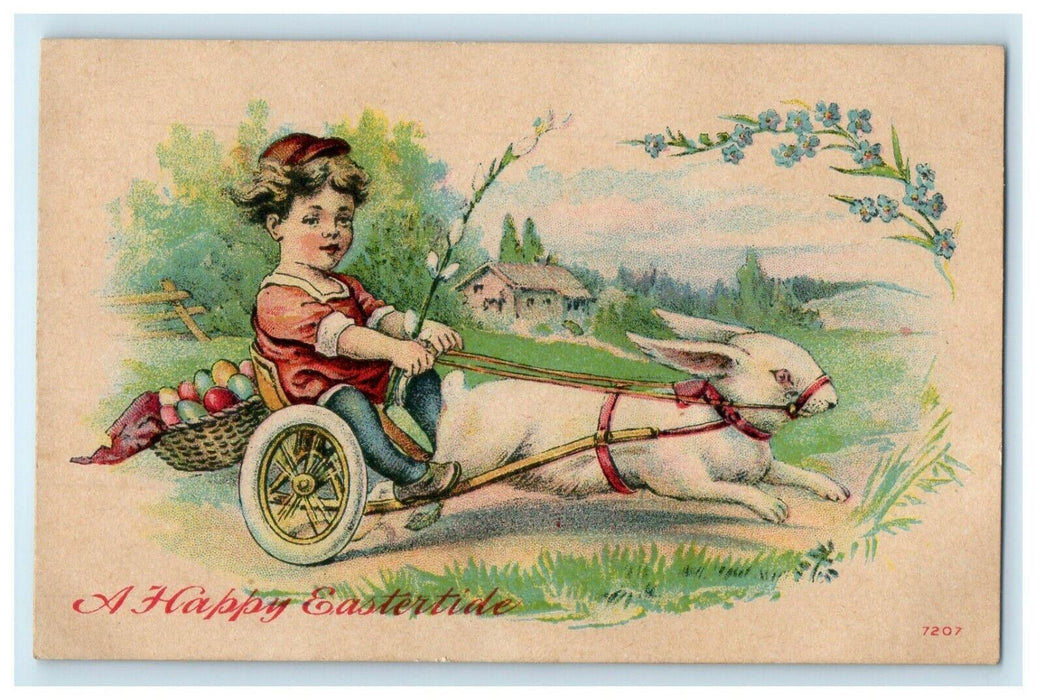 1910 Greetings Eastertide Boy Riding Cart Rabbit Eggs Winsch Back Postcard