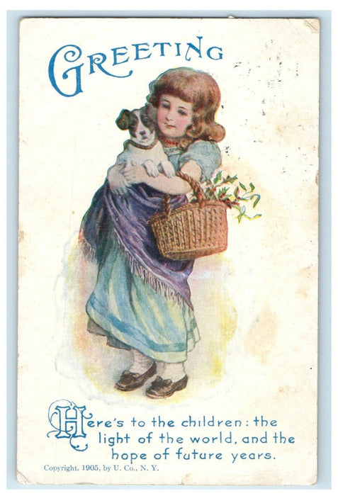 1916 Greetings Girl Carrying Dog Basket Flowers The Light Of The World Postcard