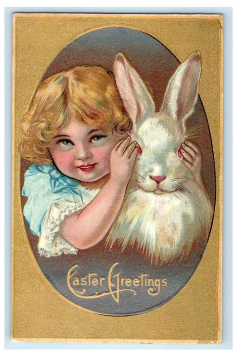 c1910 Easter Greetings Little Girl Tickled Rabbit Embossed Winsch Back Postcard