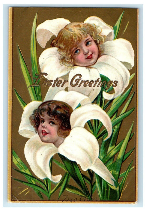 c1910's Easter Greetings White Lily Flowers Head Embossed Winsch Back Postcard