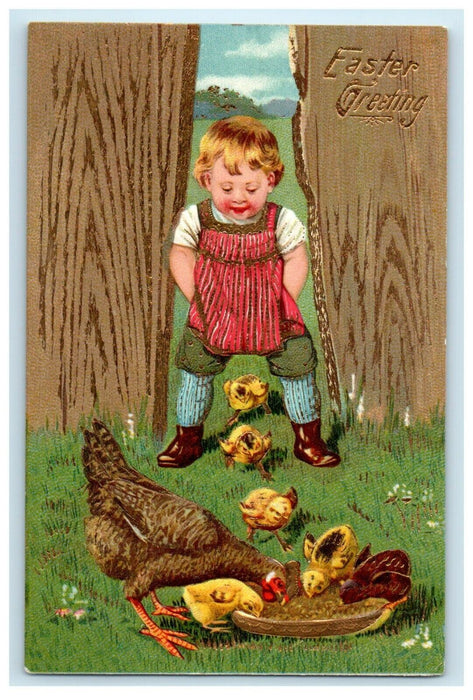 c1910's  Easter Greetings Little Boy Feeds Chicken Hen Chick Embossed Postcard