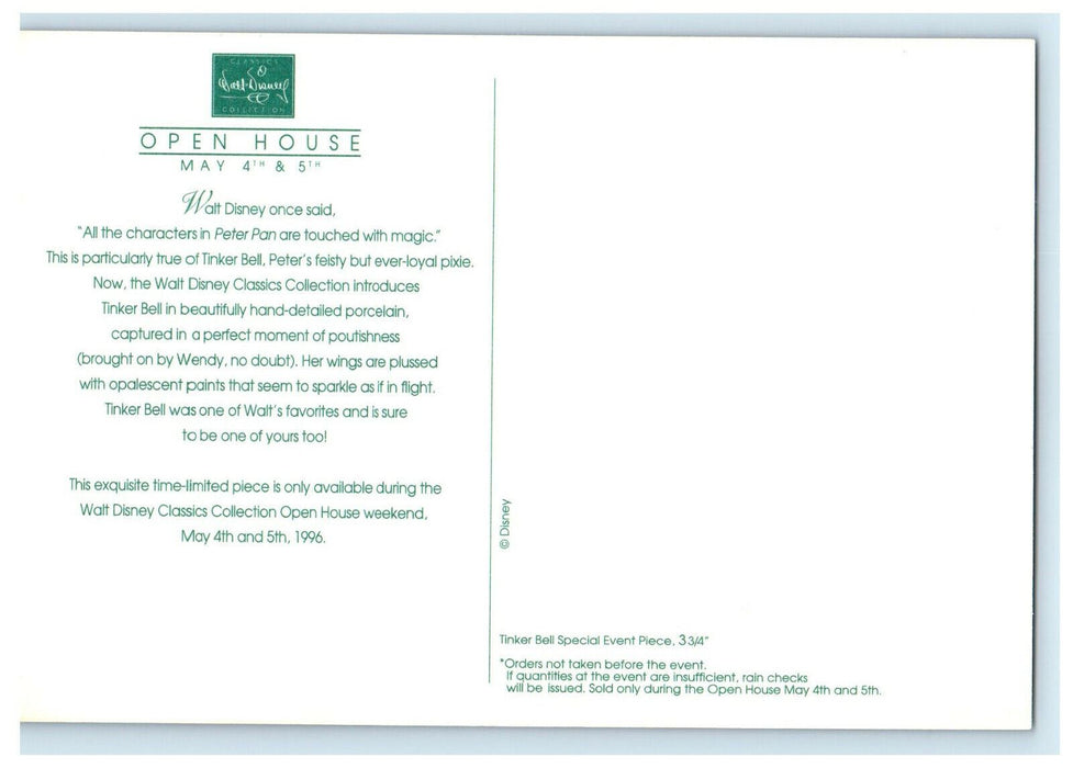 1996 Tinker Bell, Walt Disney Open House May 4 & 5 Advertising Postcard