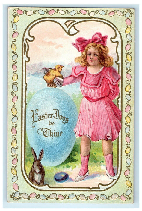 1911  Easter Joys Egg Girl Dress Pink Big Ribbon Chick Rabbit Embossed Postcard