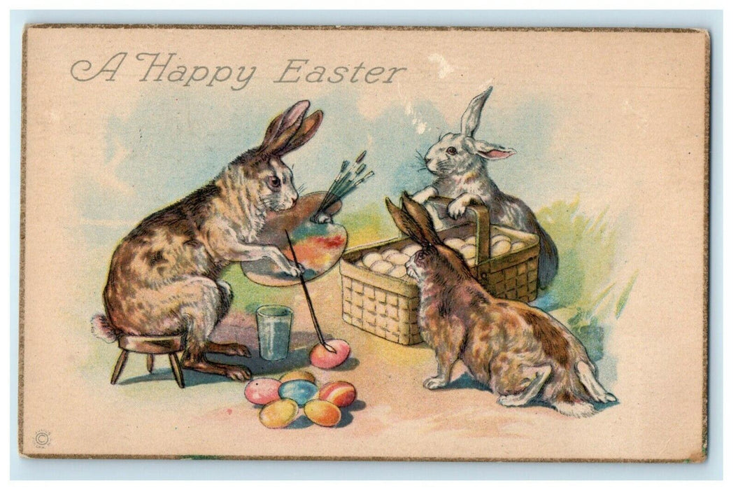 1923 Greetings A Happy Easter Rabbit Paint Eggs Basket Posted Antique Postcard