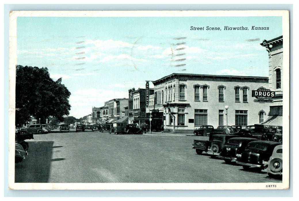 1944 Classic Cars Scene Outside Hiawatha, Kansas KS Vintage Postcard
