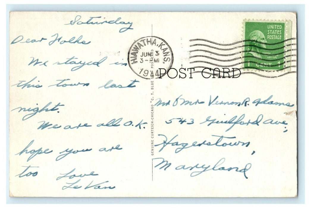 1944 Classic Cars Scene Outside Hiawatha, Kansas KS Vintage Postcard