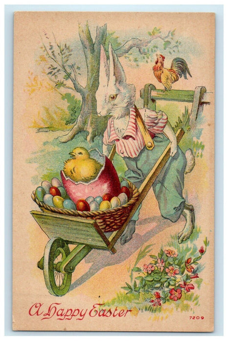 Greetings Happy Easter Anthropomorphic Rabbit Cart Hatched Chick Eggs Postcard