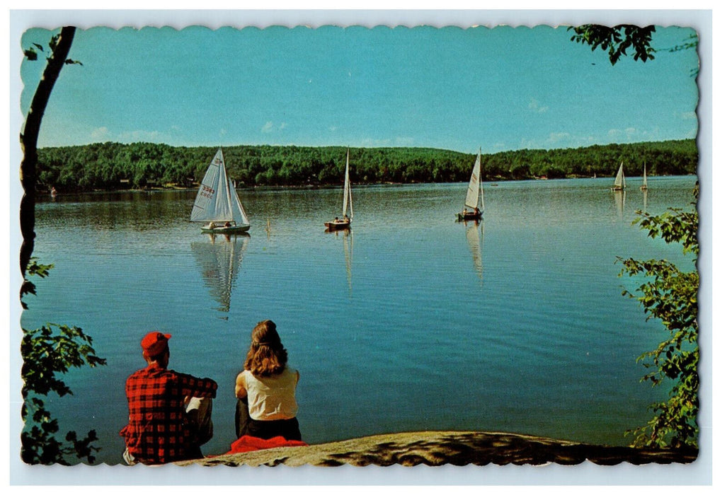 c1960's Couple, Boats Sailing on Blue Waters St. Charles Ontario Canada Postcard