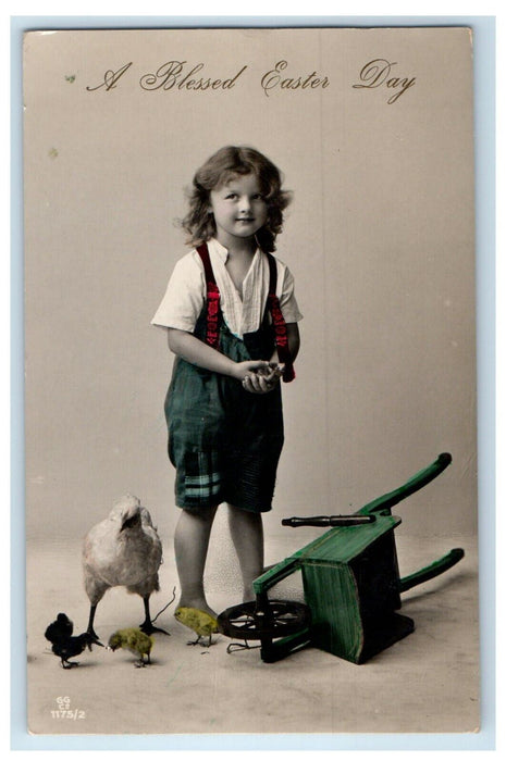 1913 Easter Boy With Toys Cart Chicken Hen Chicks RPPC Photo Tinted Postcard