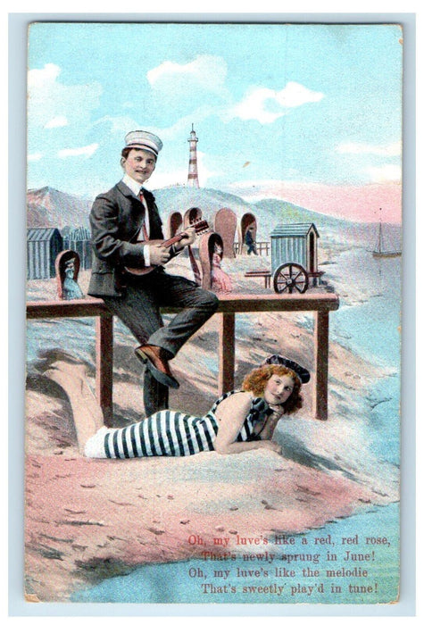 1909 Man Playing Guitar Girl Sunbathing Beach Atlantic City NJ Antique Postcard