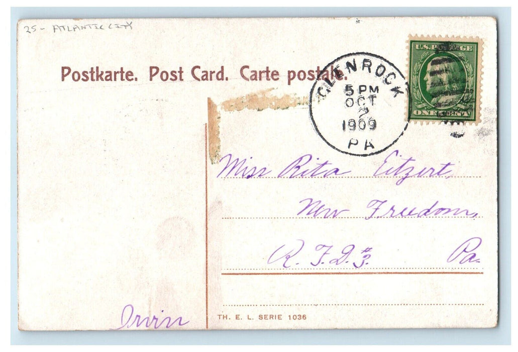 1909 Man Playing Guitar Girl Sunbathing Beach Atlantic City NJ Antique Postcard