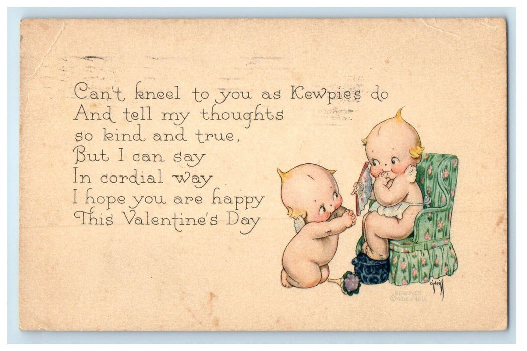 1927 Valentines Cute Kewpies Kneel Flowers Boquet Fan Posted Vintage Postcard