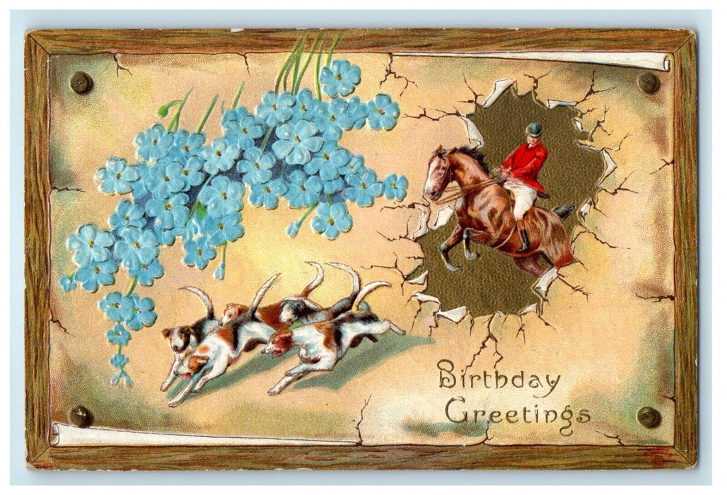 c1910's Birthday Greetings Pansies Flowers Horseback Hunting Hound Dogs Postcard